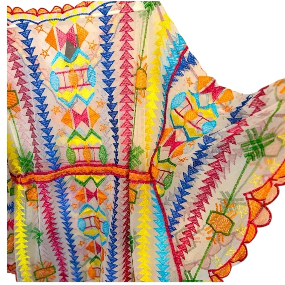 Rainbow Embroidered Cotton Mesh Short Kaftan, Tunic, With Cinch Tassel Tie NWT
